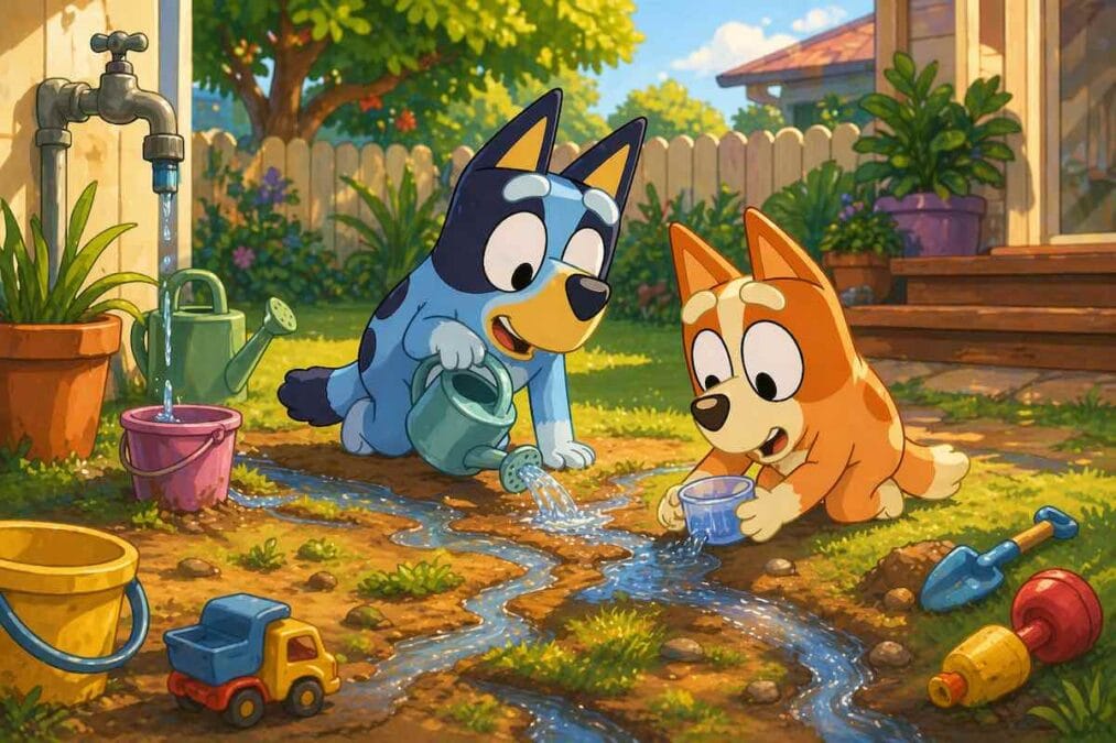 Bluey y Bingo jugando en el patio creando pequeños ríos de agua con una regadera y un vaso en un día soleado