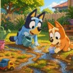 Bluey y Bingo jugando en el patio creando pequeños ríos de agua con una regadera y un vaso en un día soleado