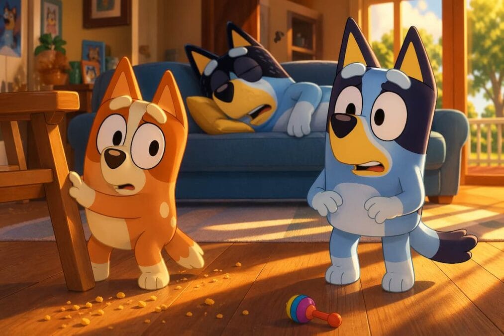 Bluey y Bingo inmóviles en el salón tras hacer ruido mientras su padre duerme en el sofá con luz cálida de tarde