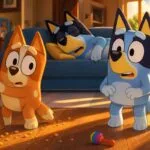 Bluey y Bingo inmóviles en el salón tras hacer ruido mientras su padre duerme en el sofá con luz cálida de tarde