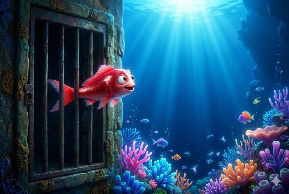 Pequeño pez rojo saliendo de un lago limitado hacia la inmensidad de un océano espiritual lleno de luz.