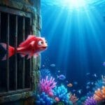 Pequeño pez rojo saliendo de un lago limitado hacia la inmensidad de un océano espiritual lleno de luz.