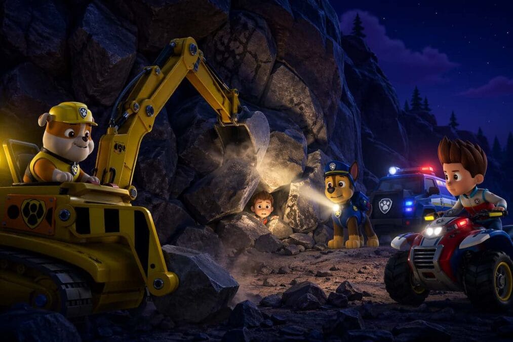 "Rubble y Chase de la Patrulla Canina rescatando al niño Alex atrapado en una cueva oscura tras un desprendimiento de rocas en el bosque."