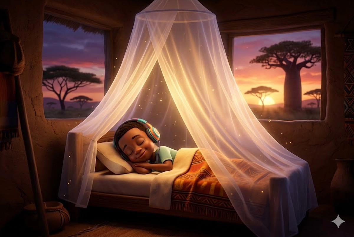Niño feliz durmiendo seguro bajo una mosquitera brillante mientras escucha un audiocuento, con un paisaje africano al amanecer de fondo.