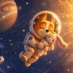 Bingo Heeler vestida de astronauta flotando en el espacio en gravedad cero mientras abraza a su conejito de peluche Floppy frente a un sol dorado y brillante.