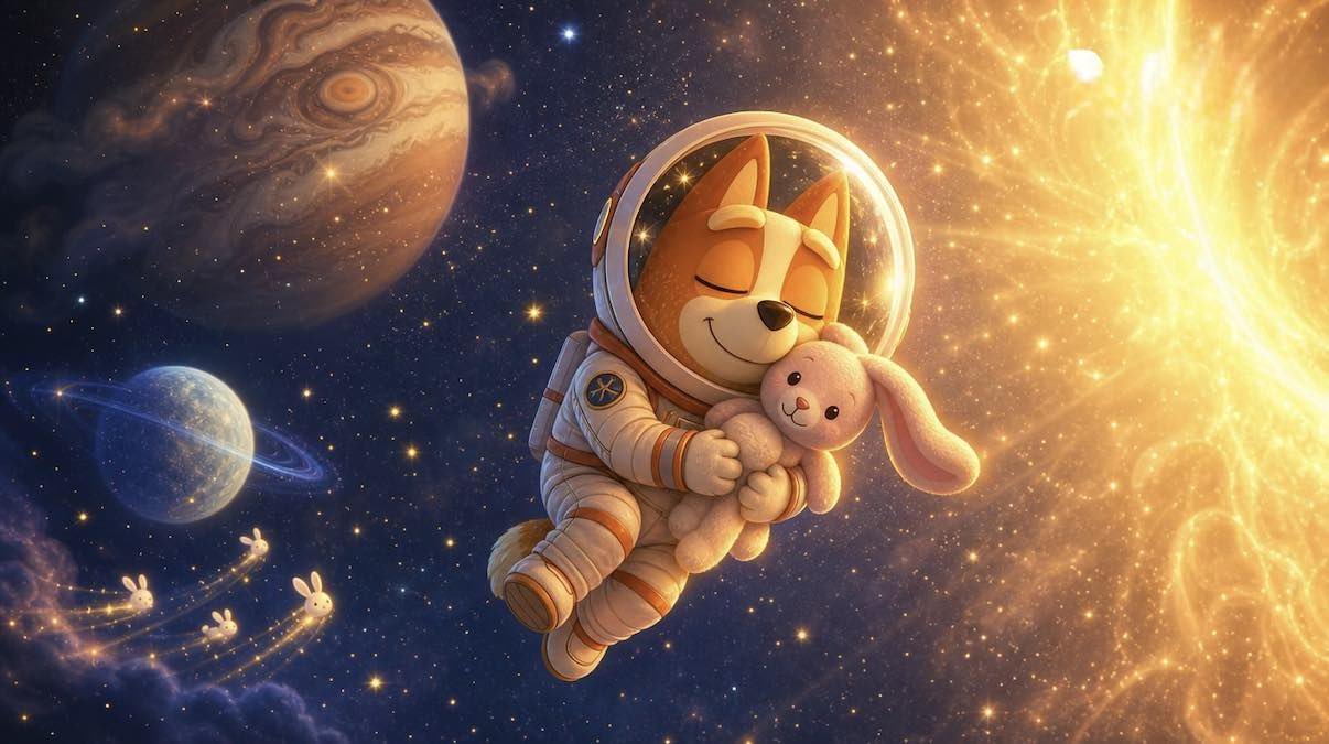 Bingo Heeler vestida de astronauta flotando en el espacio en gravedad cero mientras abraza a su conejito de peluche Floppy frente a un sol dorado y brillante.