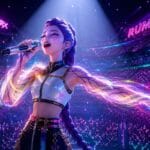 Rumi canta bajo un foco de luz en un estadio futurista mientras una energía arcoíris envuelve sus brazos marcados durante un concierto de K-pop mágico.