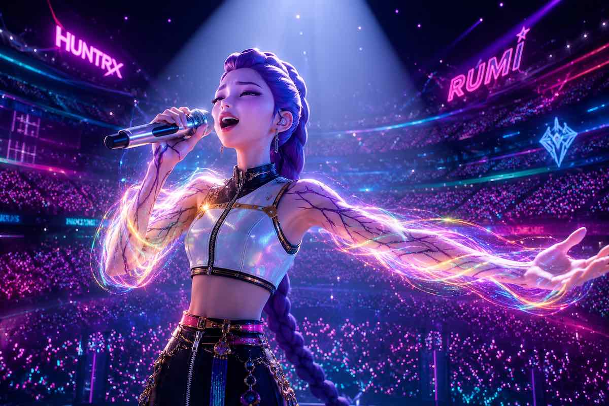 Rumi canta bajo un foco de luz en un estadio futurista mientras una energía arcoíris envuelve sus brazos marcados durante un concierto de K-pop mágico.