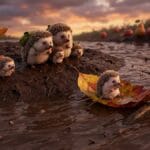 Un pequeño erizo asustado resbala dentro de un frágil barquito de hoja en un río revuelto mientras ardillas y erizos observan preocupados desde una orilla de barro, estilo Pixar 3D.