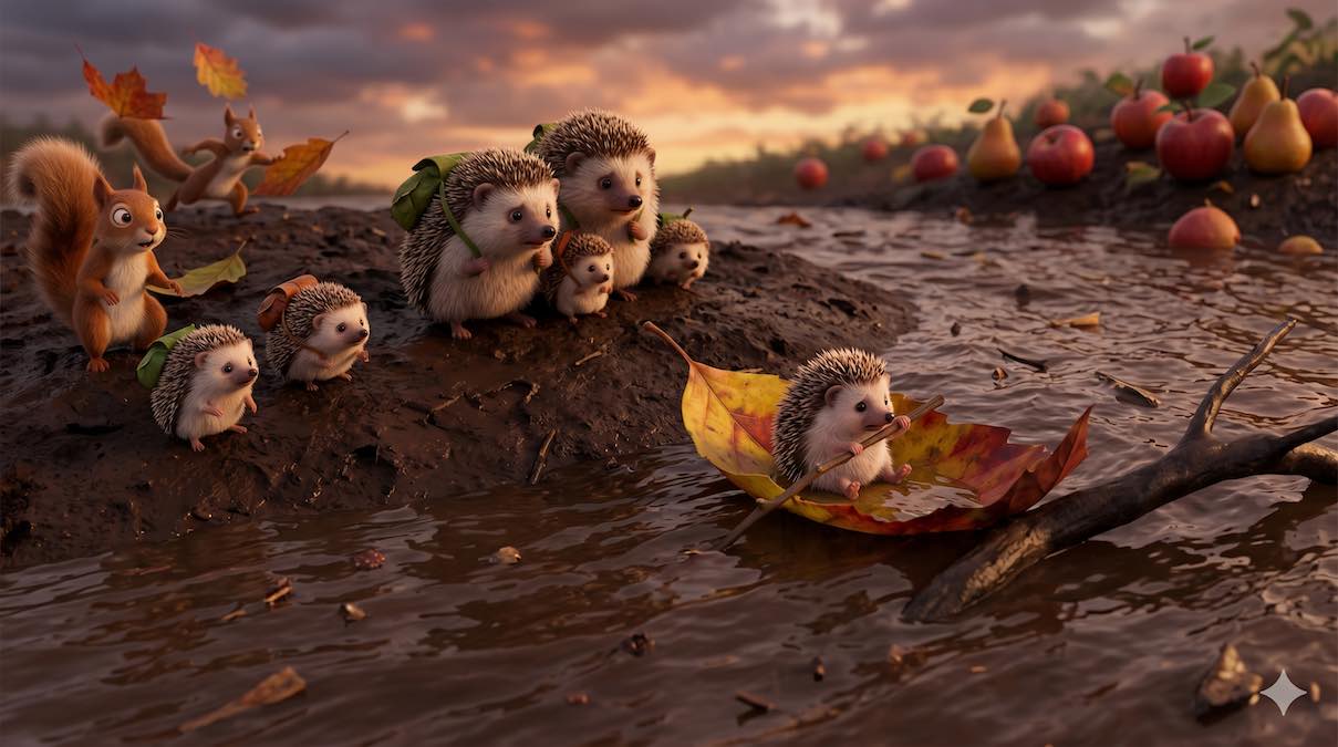 Un pequeño erizo asustado resbala dentro de un frágil barquito de hoja en un río revuelto mientras ardillas y erizos observan preocupados desde una orilla de barro, estilo Pixar 3D.