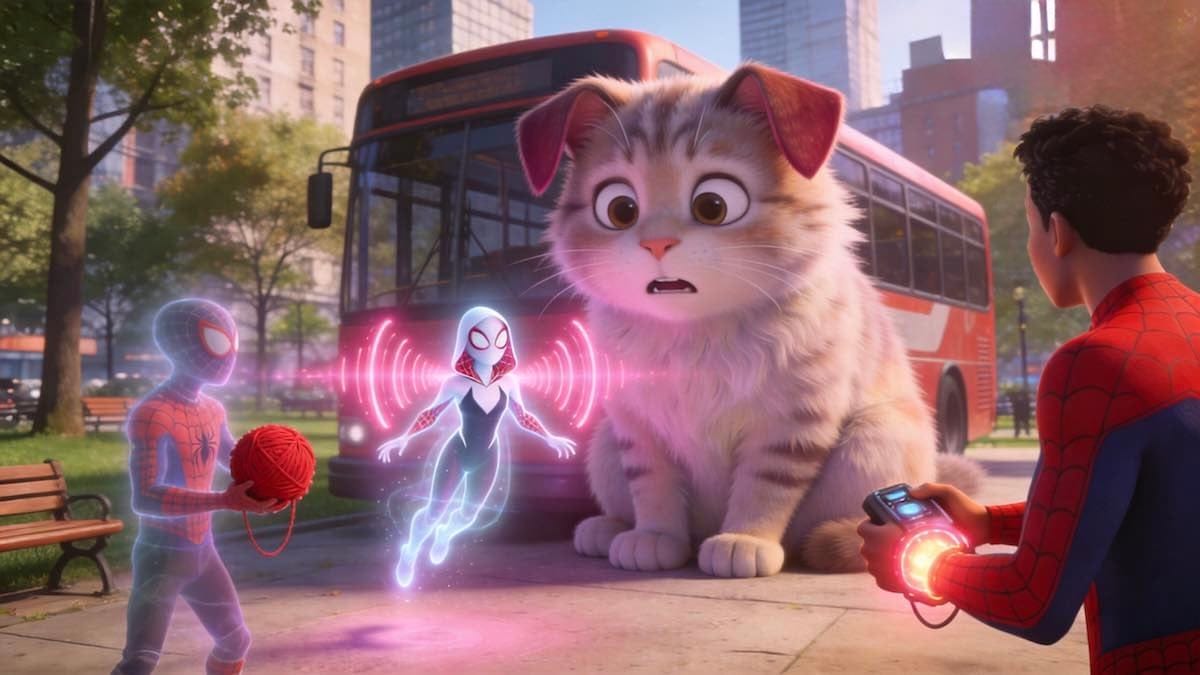 El Equipo Spidey mirando con sorpresa a la gatita Bootsie gigante y asustada mientras vuelca un carrito de helados en el parque de la ciudad.