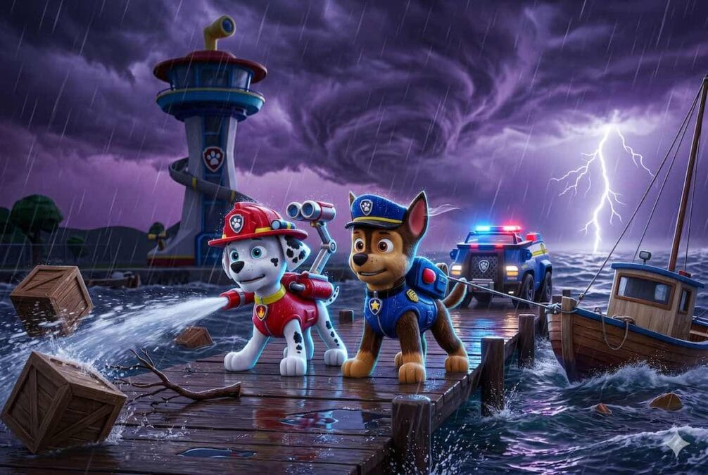 Marshall y Chase de la Patrulla Canina trabajando juntos en el muelle de Bahía Aventura bajo una tormenta eléctrica con lluvia intensa y rayos.