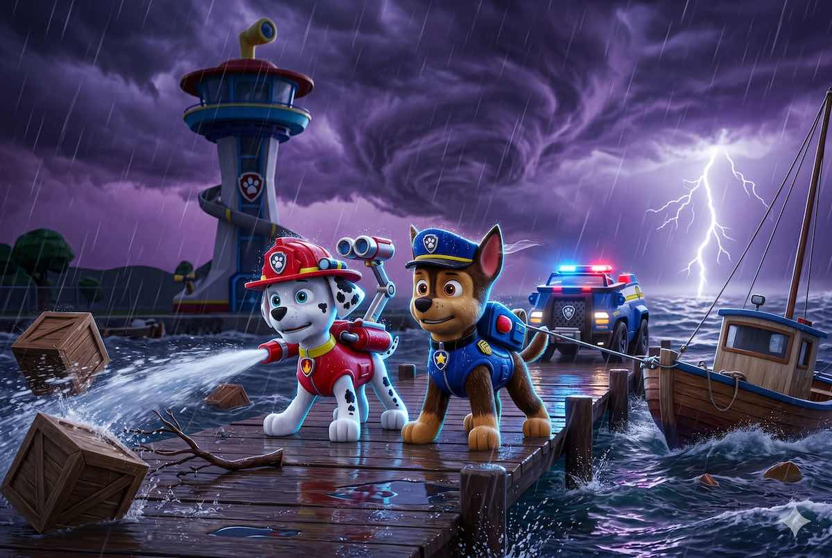 Marshall y Chase de la Patrulla Canina trabajando juntos en el muelle de Bahía Aventura bajo una tormenta eléctrica con lluvia intensa y rayos.