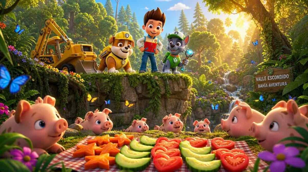 Cachorros de estilo dibujo animado y pequeños cerditos sentados felices en la hierba del bosque alrededor de una cesta con verduras cortadas en formas de lunas y estrellas.