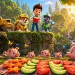 Cachorros de estilo dibujo animado y pequeños cerditos sentados felices en la hierba del bosque alrededor de una cesta con verduras cortadas en formas de lunas y estrellas.