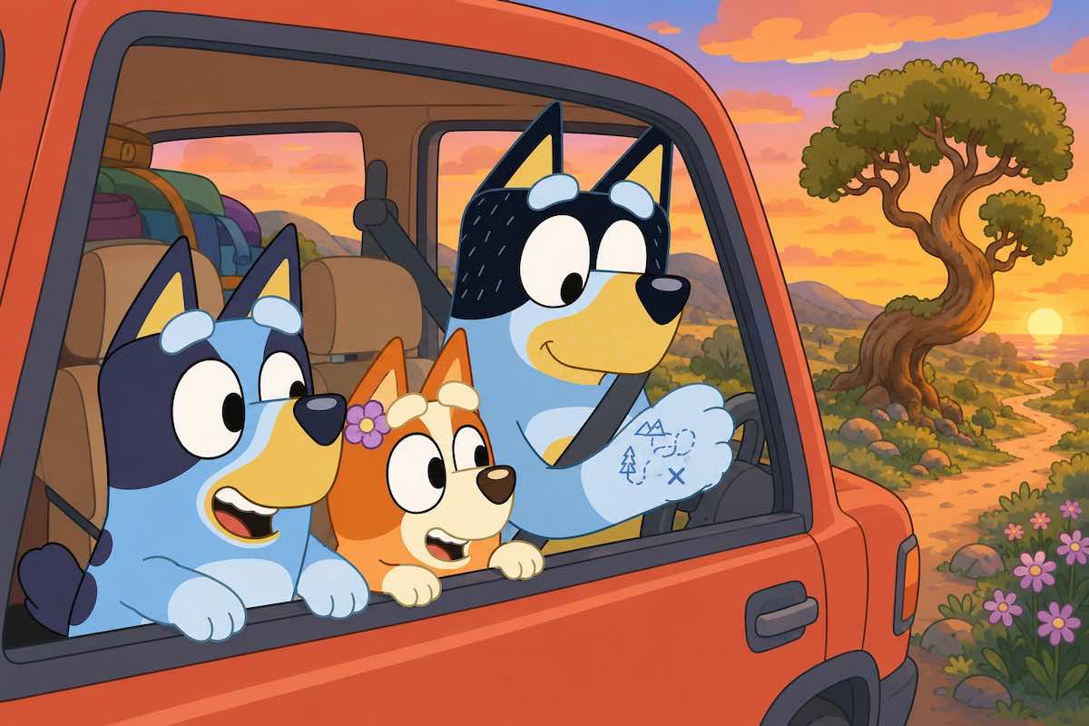 Cuento de Bluey en español: Papá está perdido – Familia Heeler en un viaje en coche