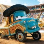 Mate vestido de torero con capa roja frente a una excavadora gigante en una plaza de toros española, cuento infantil de Cars