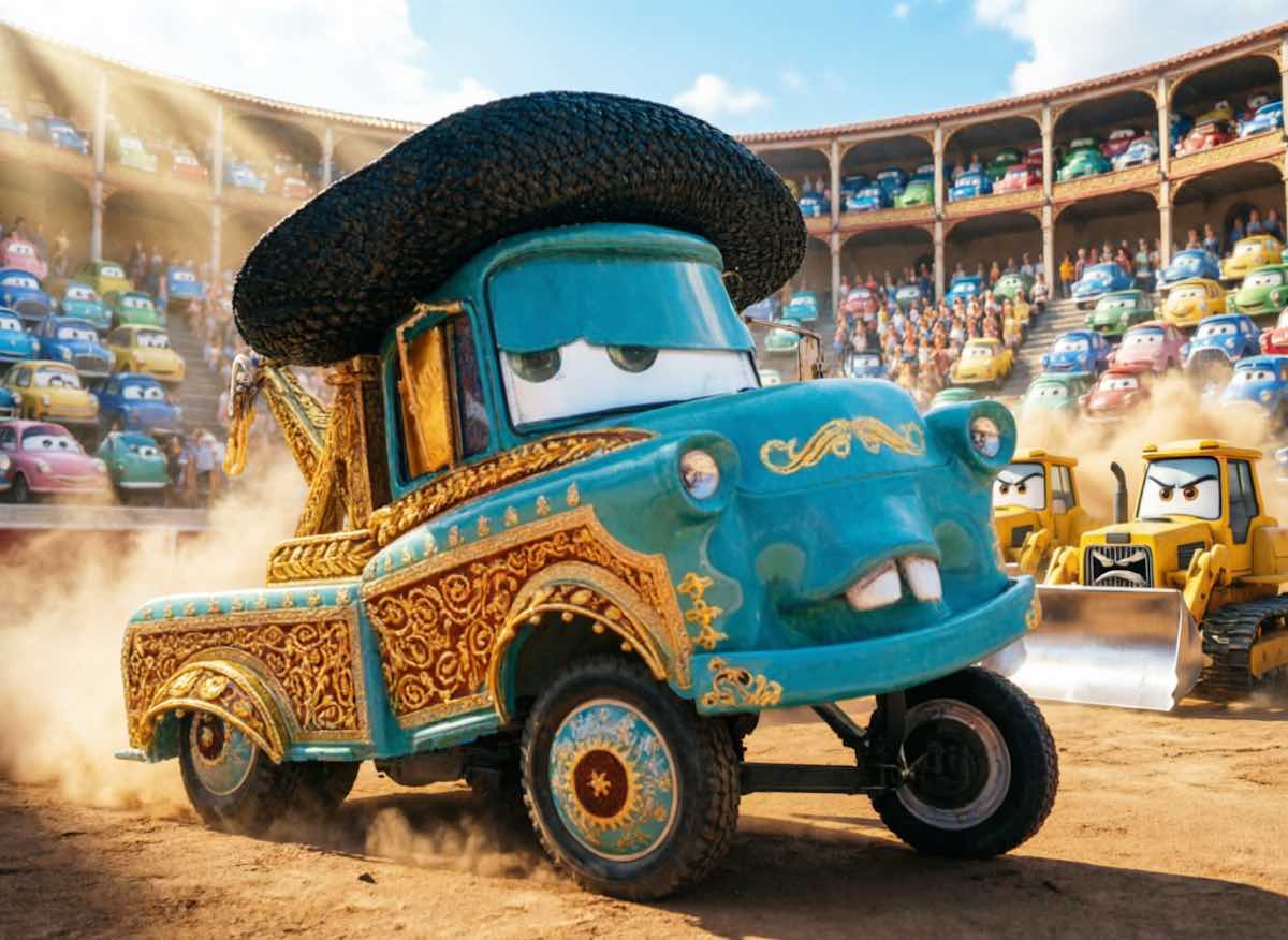 Mate vestido de torero con capa roja frente a una excavadora gigante en una plaza de toros española, cuento infantil de Cars