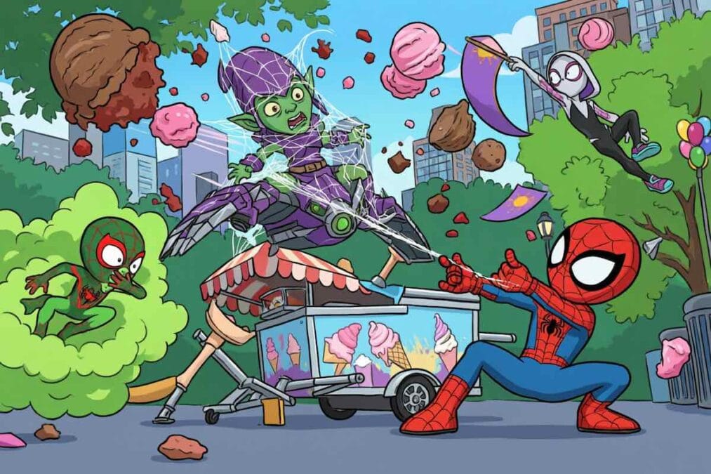 Dibujo de Spidey lanzando telarañas en el parque mientras bolas de helado vuelan por el aire y Gobby se enreda en su deslizador, estilo 3D.