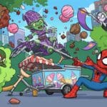 Dibujo de Spidey lanzando telarañas en el parque mientras bolas de helado vuelan por el aire y Gobby se enreda en su deslizador, estilo 3D.