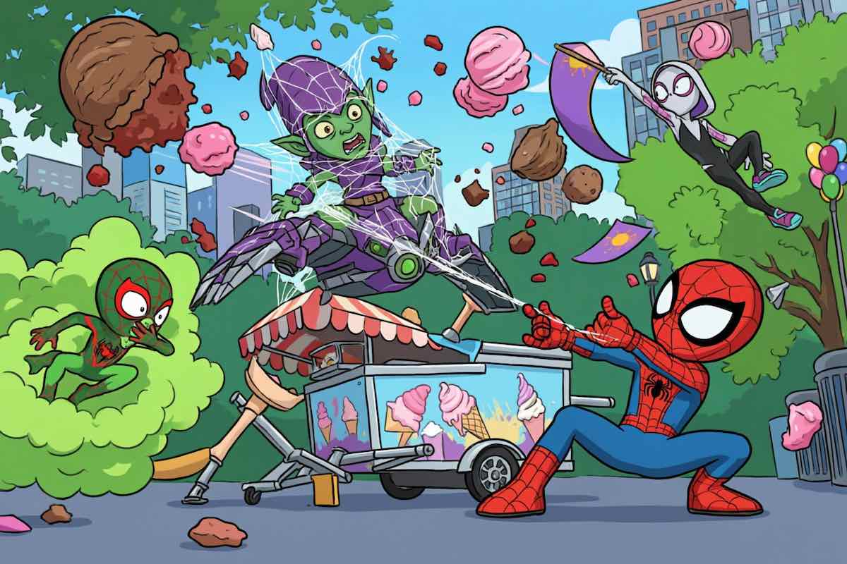 Dibujo de Spidey lanzando telarañas en el parque mientras bolas de helado vuelan por el aire y Gobby se enreda en su deslizador, estilo 3D.
