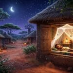 Ilustración estilo Pixar de Kito durmiendo seguro bajo una mosquitera brillante en una aldea con baobabs, para el cuento El escudo mágico de Kito.