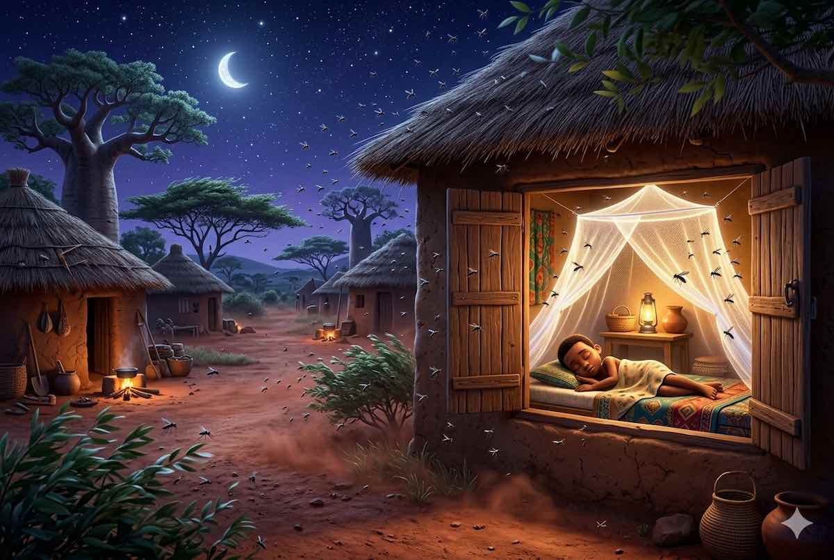 Ilustración estilo Pixar de Kito durmiendo seguro bajo una mosquitera brillante en una aldea con baobabs, para el cuento El escudo mágico de Kito.