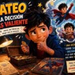 Ilustración estilo Pixar de un niño decidiendo ahorrar sus monedas en una caja de madera para el cuento El Escudo Secreto del Guardián del Tiempo.