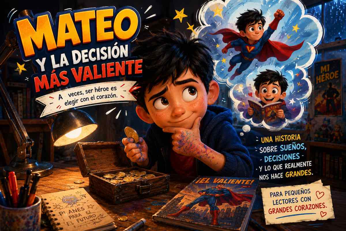 Ilustración estilo Pixar de un niño decidiendo ahorrar sus monedas en una caja de madera para el cuento El Escudo Secreto del Guardián del Tiempo.