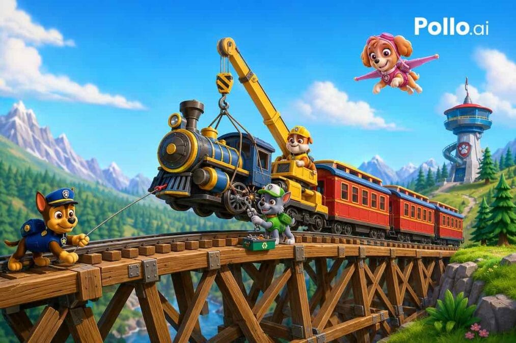 Un emocionante cuento donde la Patrulla Canina une sus habilidades para rescatar un tren atrapado sobre un puente de madera.