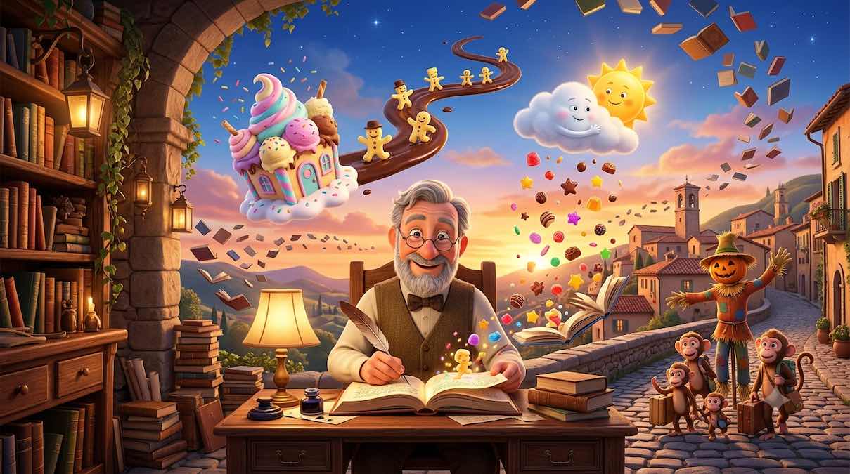 Un escritor rodeado de libros, personajes fantásticos y un mundo lleno de imaginación