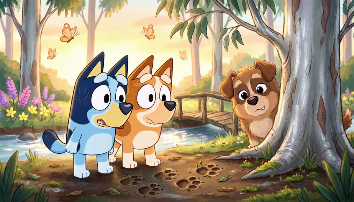 Bluey y Bingo exploran un bosque durante unas vacaciones en un camping mientras descubren un nuevo amigo en este cuento infantil.