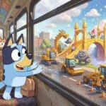 Ilustración 2D estilo Bluey de una perrita azul mirando por la ventana del autobús hacia un trabajo de obras transformado en castillo mágico.