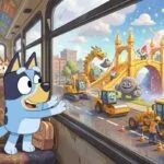 Ilustración 2D estilo Bluey de una perrita azul mirando por la ventana del autobús hacia un trabajo de obras transformado en castillo mágico.