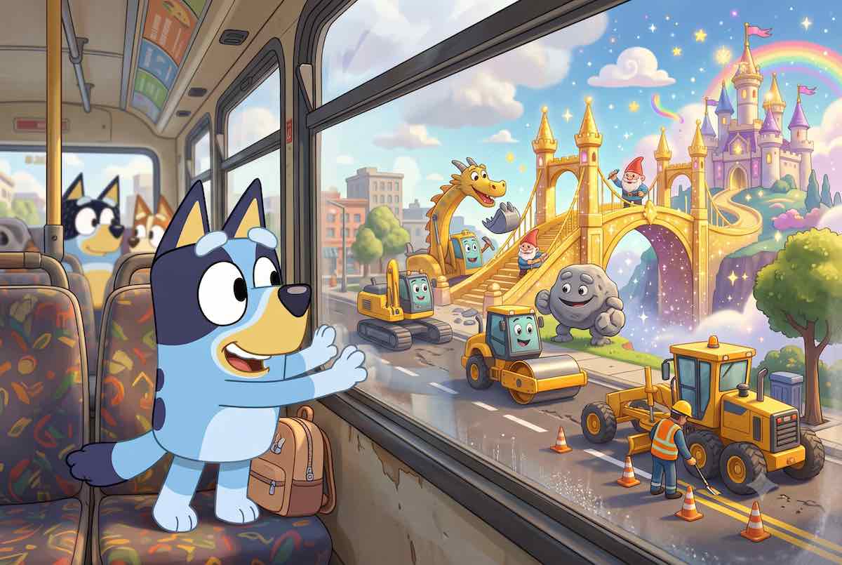 Ilustración 2D estilo Bluey de una perrita azul mirando por la ventana del autobús hacia un trabajo de obras transformado en castillo mágico.