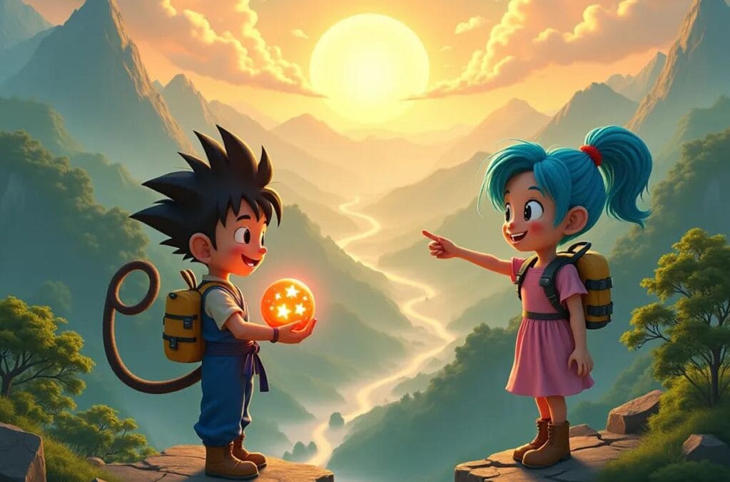 Ilustración de un joven guerrero con una esfera mágica y una chica de pelo azul contemplando el inicio de una gran aventura entre montañas al amanecer.