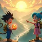 Ilustración de un joven guerrero con una esfera mágica y una chica de pelo azul contemplando el inicio de una gran aventura entre montañas al amanecer.