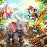 Dibujo de la Patrulla Canina rescatando al bebé elefante Eli del foso con la excavadora de Rubble y la red de Chase, estilo 3D.