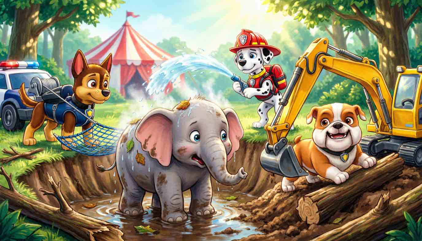 Dibujo de la Patrulla Canina rescatando al bebé elefante Eli del foso con la excavadora de Rubble y la red de Chase, estilo 3D.