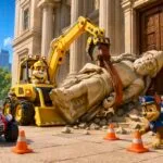 Dibujo de Rubble con su excavadora amarilla quitando una gran piedra de la puerta del museo de Bahía Aventura junto a Chase y Ryder, estilo 3D.