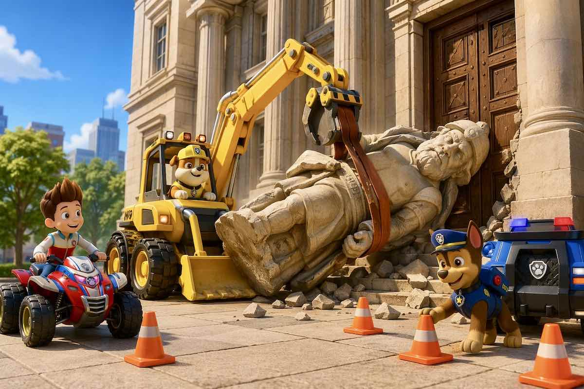 Dibujo de Rubble con su excavadora amarilla quitando una gran piedra de la puerta del museo de Bahía Aventura junto a Chase y Ryder, estilo 3D.