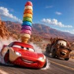 Dibujo de Rayo McQueen pintado de fresa y nata derrapando en una curva mientras equilibra un helado gigante de nueve pisos, estilo 3D.