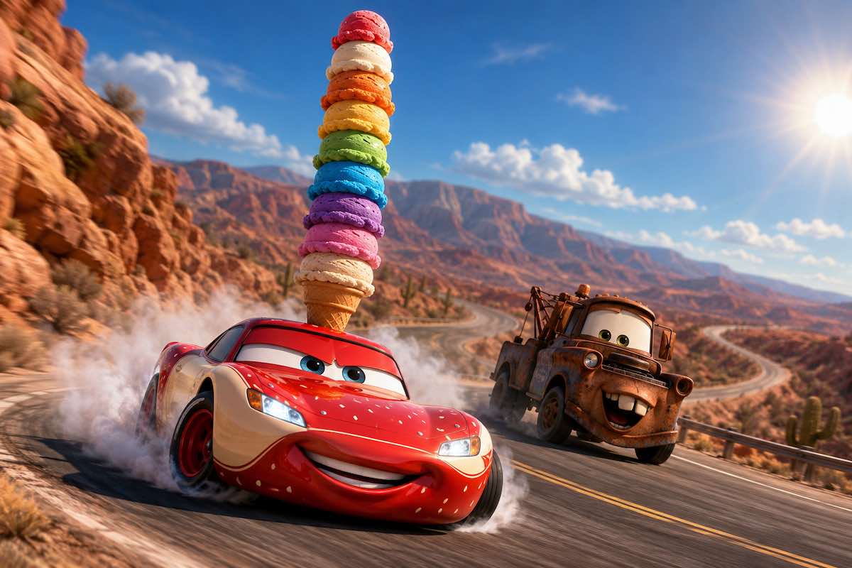 Dibujo de Rayo McQueen pintado de fresa y nata derrapando en una curva mientras equilibra un helado gigante de nueve pisos, estilo 3D.