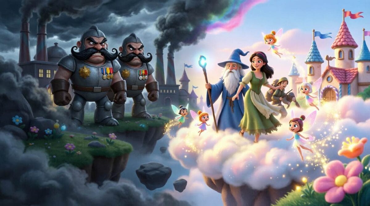 Ilustración estilo Pixar basada en el poema de Gianni Rodari sobre la Paz: dos soldados furiosos con bigotes y medallas bajo un cielo oscuro y tormentoso a la izquierda, contrastando con un mago, una joven y hadas luminosas flotando sobre una nube brillante junto a un castillo de colores a la derecha.