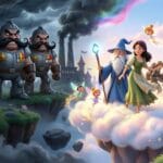 Ilustración estilo Pixar basada en el poema de Gianni Rodari sobre la Paz: dos soldados furiosos con bigotes y medallas bajo un cielo oscuro y tormentoso a la izquierda, contrastando con un mago, una joven y hadas luminosas flotando sobre una nube brillante junto a un castillo de colores a la derecha.