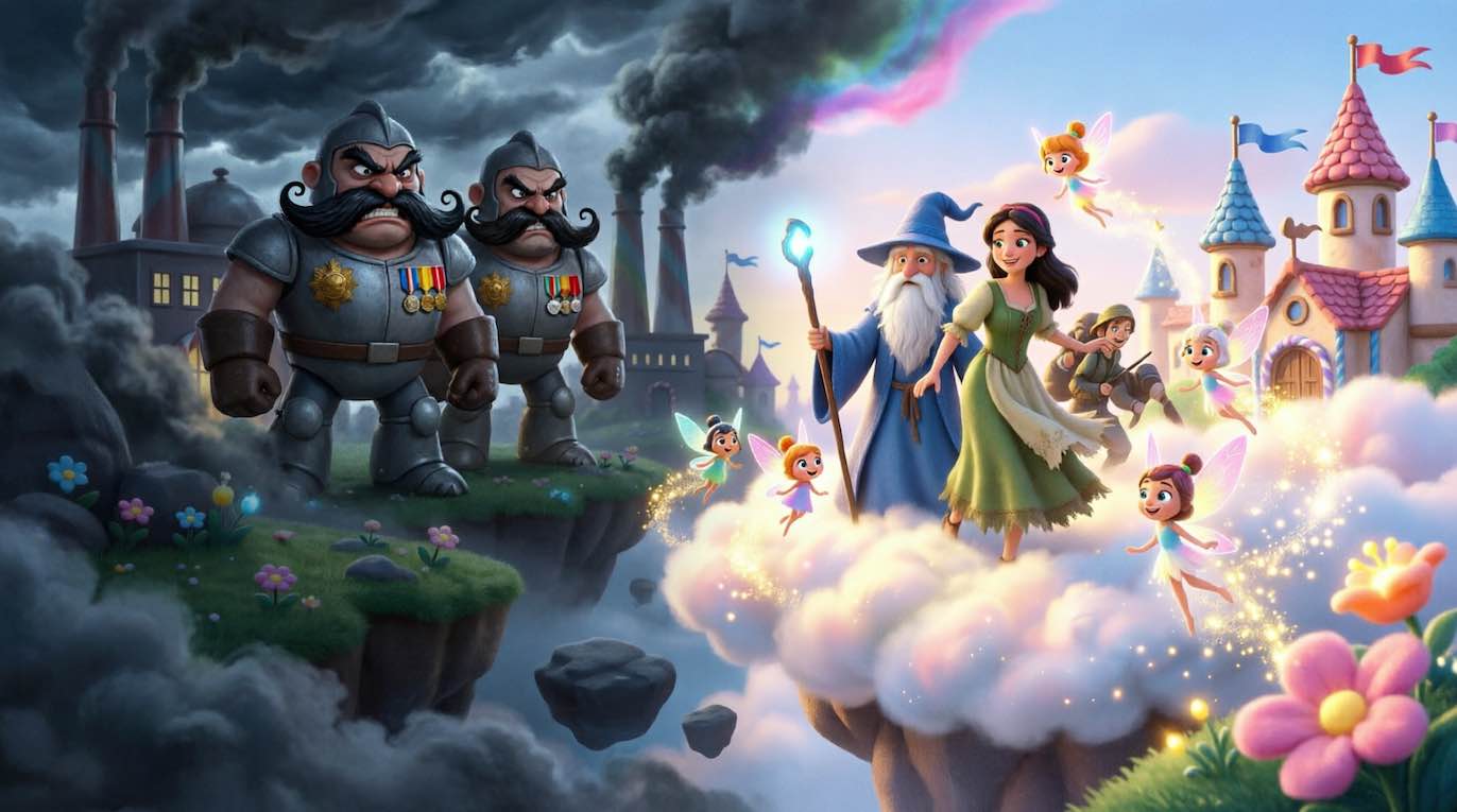 Ilustración estilo Pixar basada en el poema de Gianni Rodari sobre la Paz: dos soldados furiosos con bigotes y medallas bajo un cielo oscuro y tormentoso a la izquierda, contrastando con un mago, una joven y hadas luminosas flotando sobre una nube brillante junto a un castillo de colores a la derecha.