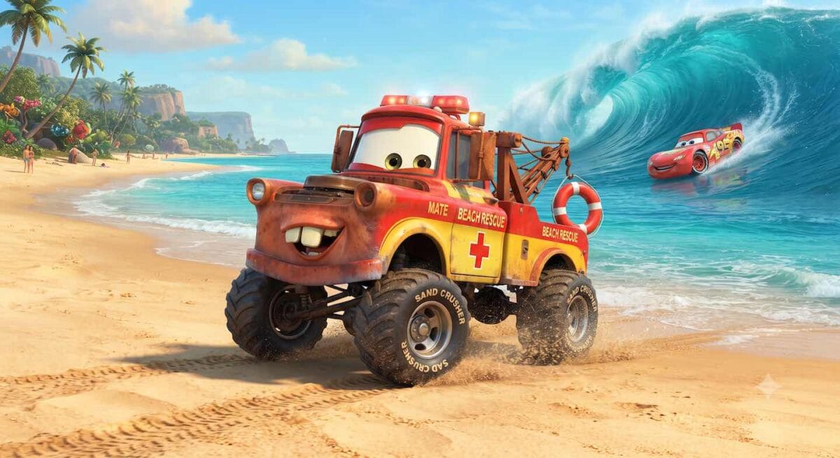 Mate el valiente socorrista de la playa rescatando a un coche deportivo rojo de una ola monstruosa en un cuento infantil de Cars con Rayo McQueen