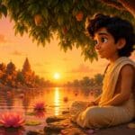 Ilustración infantil estilo Pixar del pequeño Siddhartha meditando junto a un río con flores de loto durante un atardecer en la antigua India.