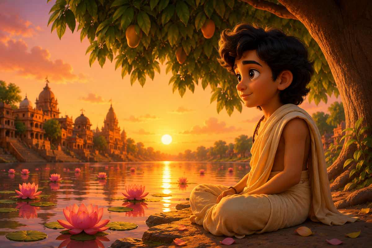 Ilustración infantil estilo Pixar del pequeño Siddhartha meditando junto a un río con flores de loto durante un atardecer en la antigua India.