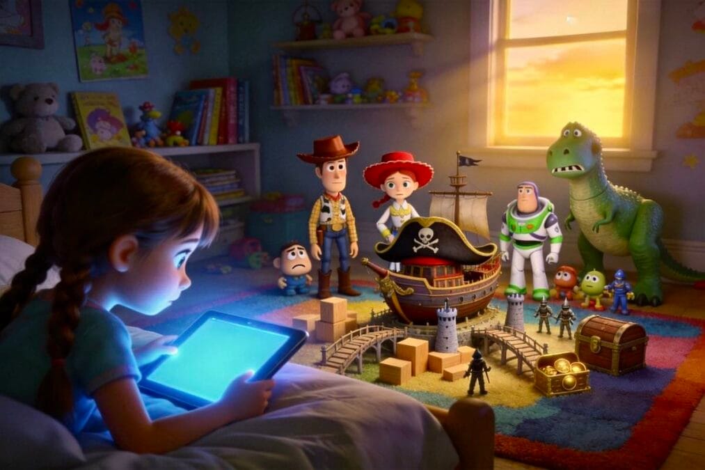 Juguetes inspirados en Toy Story preparan una aventura para devolver la imaginación a una niña frente a una tableta.